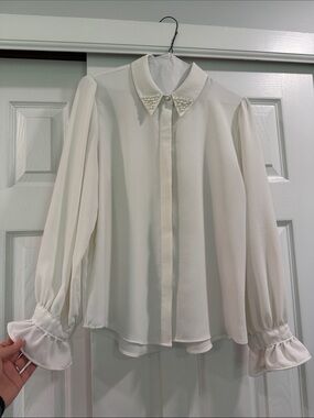 Zara Pearl-Trim Cream Blouse - Women Tops